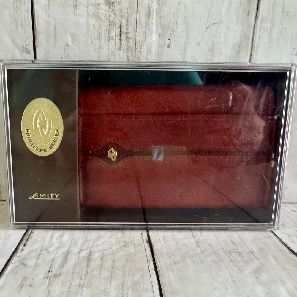 Amity Signature Series Burgundy Cowhide Leather Tri-Fold KissLock Wallet Vintage